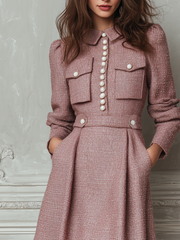 Vintage Pocket Tweed Long-Sleeved Midi Dress