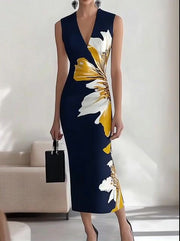 Navy Blue V-Neck Sleeveless Dress with Floral Print