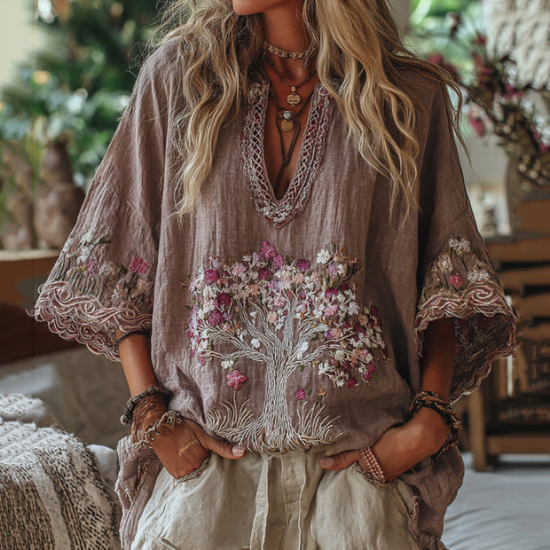 Women's Tribal Tree Of Life And Floral Art Casual Shirt