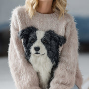 Cute Fuzzy Border Collie Crew Neck Cozy Knit Sweater