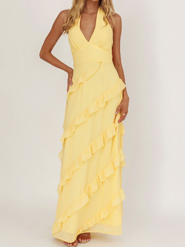 Halter neck ruffle maxi dress