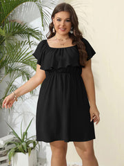 Plus Plain Off Shoulder Ruffle Elastic Waist Dress