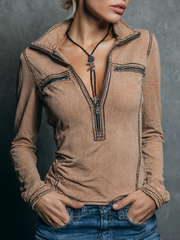 Retro Half Zip Collar Pocket Blouse