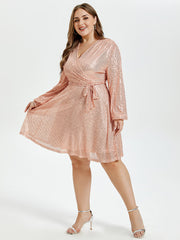 V-Neck Lantern Sleeve Belted Sequin Dress