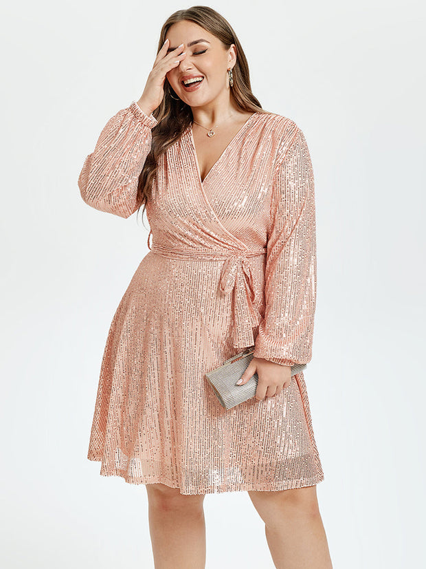 V-Neck Lantern Sleeve Belted Sequin Dress