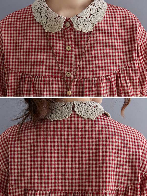 Cotton Blend Plaid Polo Puff Sleeve T-Shirts Tops