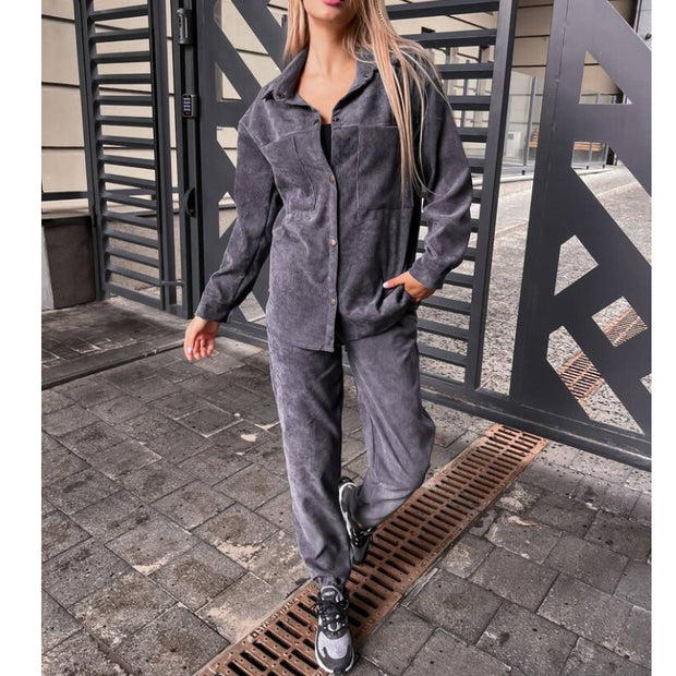 Women's Simple Long -sleeved Trousers Two -piece Suit