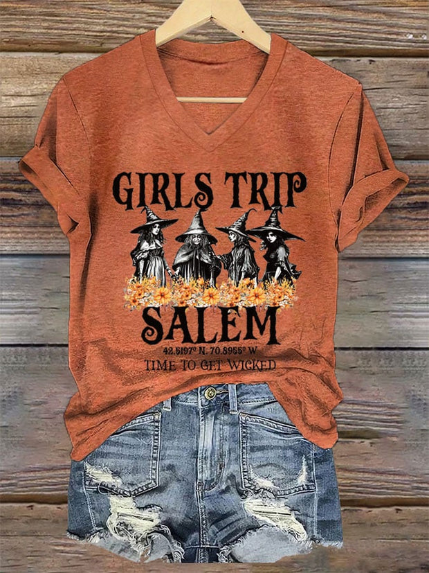 Women's Girl's Trip Salem Time To Get Wicked Halloween Print T-Shirt