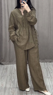 Women Cotton and Linen V-neck Two-piece Suit