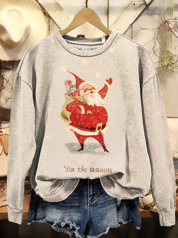 Women's Retro Cute Christmas Art Print Casual Round Neck Pullover Sweatshirt