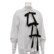 Lapel Long Sleeve Bowknot Lace Printing Striped Shirt