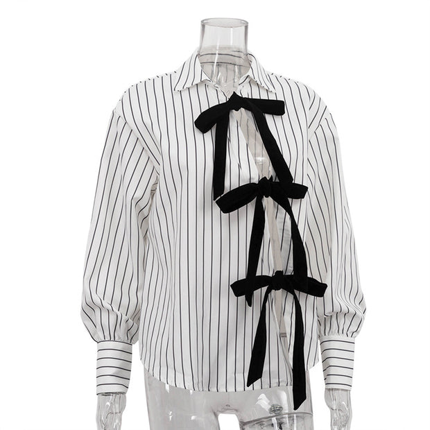 Lapel Long Sleeve Bowknot Lace Printing Striped Shirt
