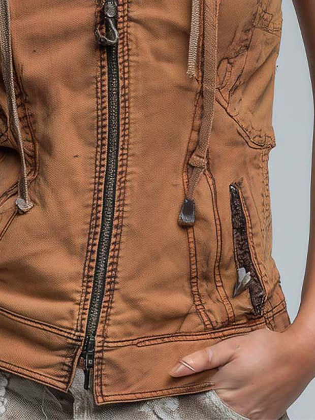 Vintage Washed Utility Style Hoodie Vest