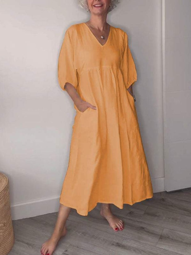 Women's V-neck Solid Color Mid-length Sleeve Cotton and Linen Dress