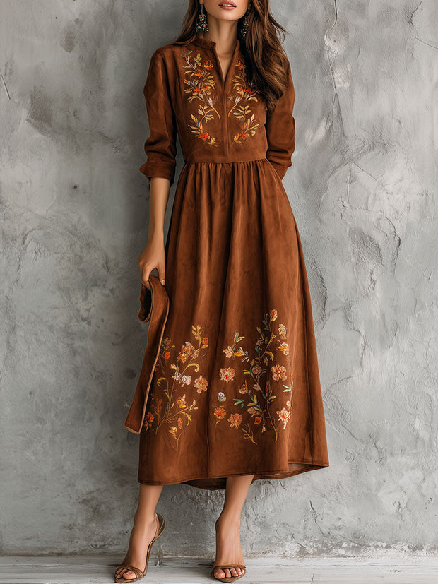 Vintage Brown Floral Embroidered Suede Midi Dress