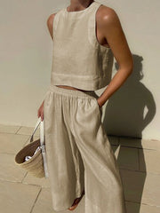 Solid Color Round-Neck Sleeveless Vest + Elasticity Wide Leg Pants Two Pieces Set