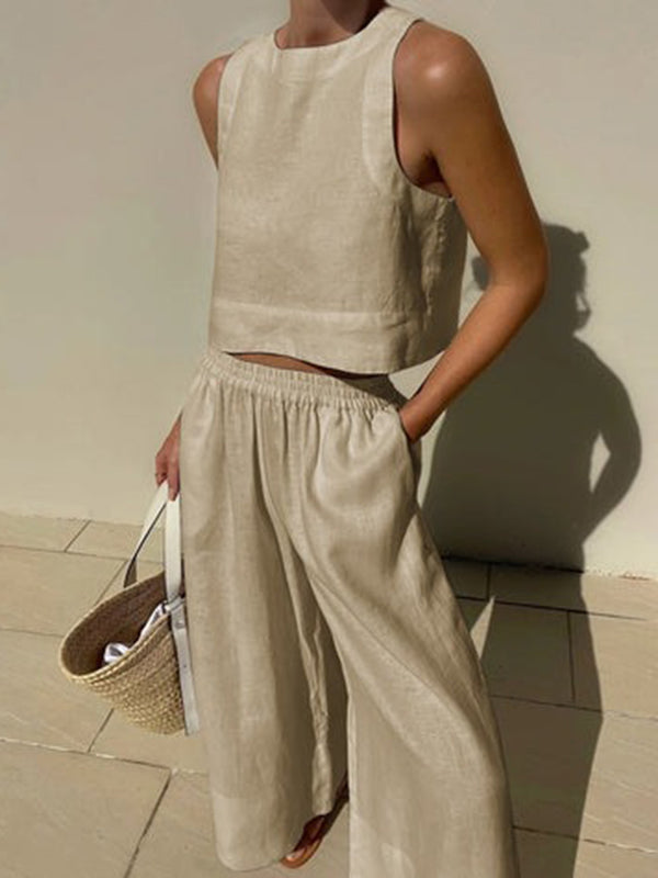 Solid Color Round-Neck Sleeveless Vest + Elasticity Wide Leg Pants Two Pieces Set