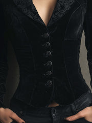Black Velvet Embroidered Lapel Victorian Blazer Jacket