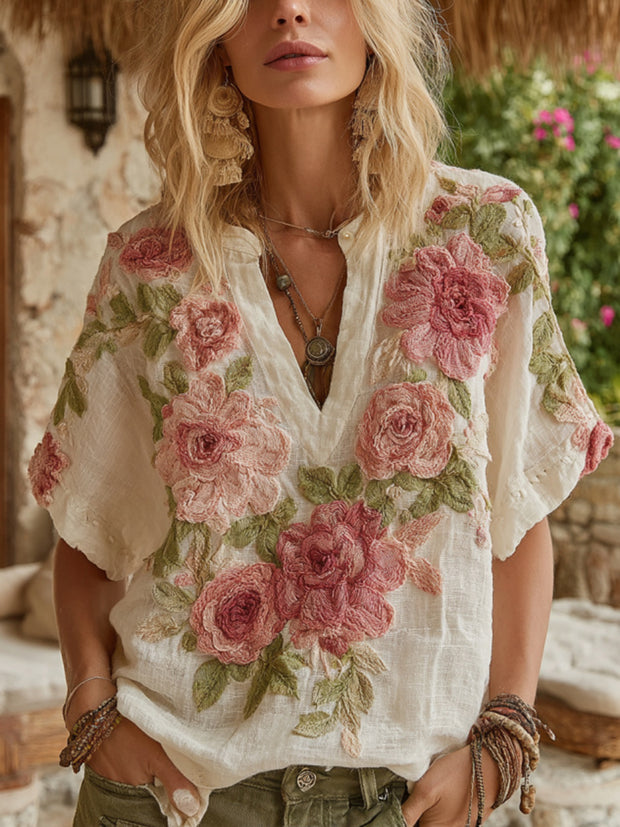 Women's Vintage Floral Art V Neck Linen Short Sleeve T-shirt