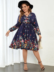 Plus Blue Floral Wrap Lantern Sleeve Midi Dress