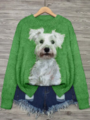 Cute Dog Pattern Crew Neck Cozy Knit Sweater