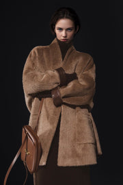 Luxury Ostrich-Texture Patchwork Wool-Blend Alpaca Coat for Women – Elegant Fall Winter Outerwear