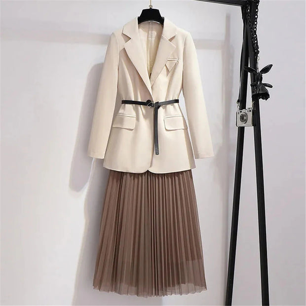 Spring Fashion Office Ladies 2pcs Suit Women Sashes V Neck Blazer Jacket Coat+Mesh Pleated Long Skirt Korean Two Pieces Set