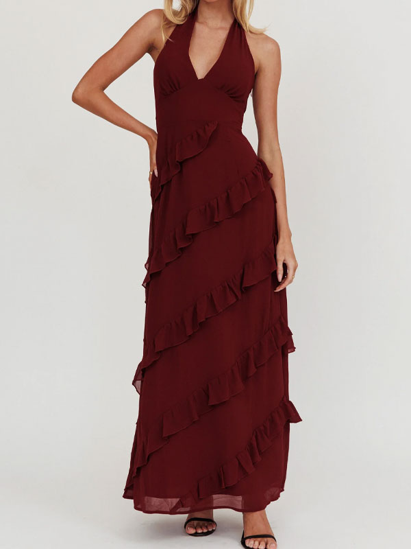 Halter neck ruffle maxi dress