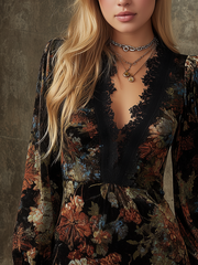 Retro Floral Lace Neck Velvet Mini Dress