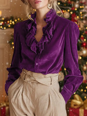 Women's Solid Color V-neck Ruffled Long Sleeve Casual Loose Velvet Shirt