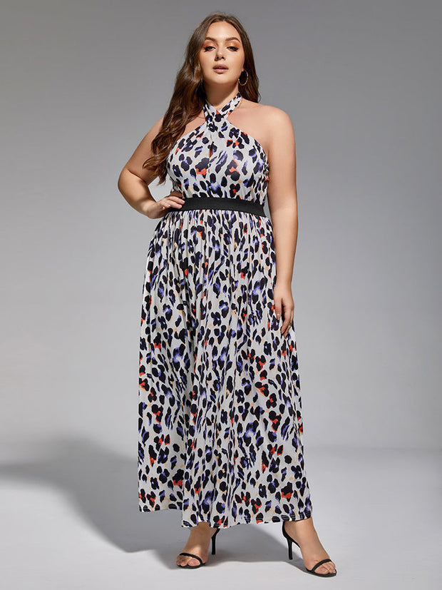 Plus Leopard Print Halter Elastic Waist Maxi Dress