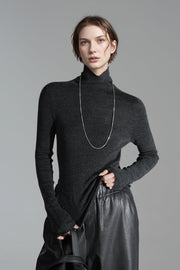 Merino Wool Minimalist Mock Neck Ribbed Knit Top – Cross-Strap Seamless Solid Color Sweater