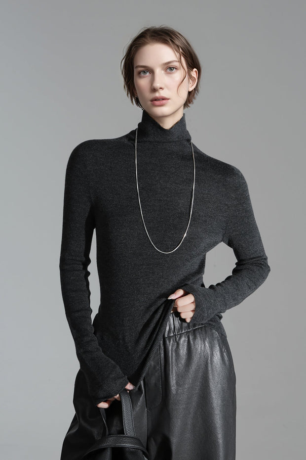 Merino Wool Minimalist Mock Neck Ribbed Knit Top – Cross-Strap Seamless Solid Color Sweater