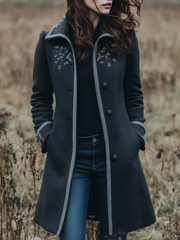 Retro Contrast Trim Floral Embroidery Woolen Polyester Mid-length Jacket