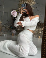 Fashionable knitted see-through hollow two-piece set