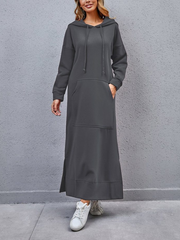 Autumn Winter New Loose Velvet Casual Fashion Big Pocket Knitted Hooded Maxi Dress