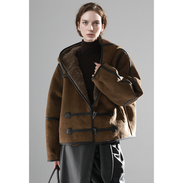 Reversible Women’s Suede & Shearling Coat – Luxury Hooded Duffle Toggle Jacket for Autumn/Winter