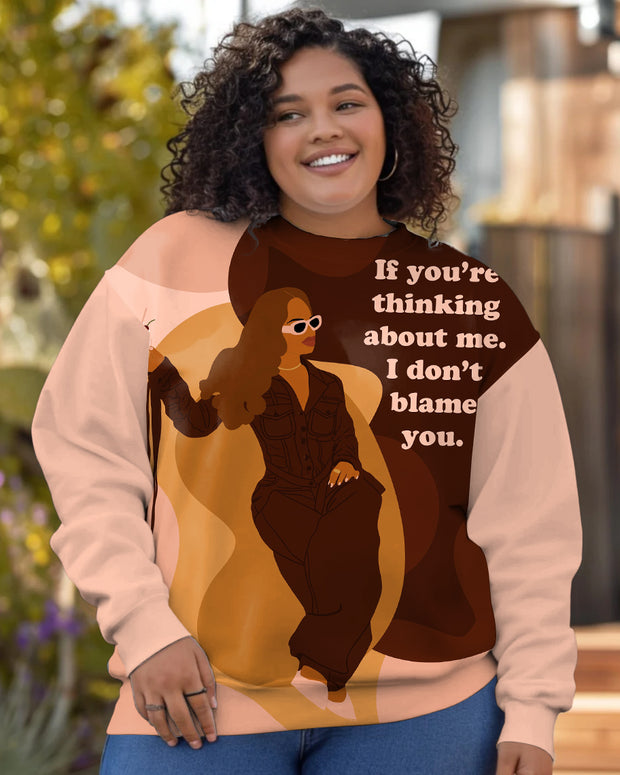 Thinking About Me I Don't Blame You Letter Cartoon Print Long Sleeve Sweatshirt