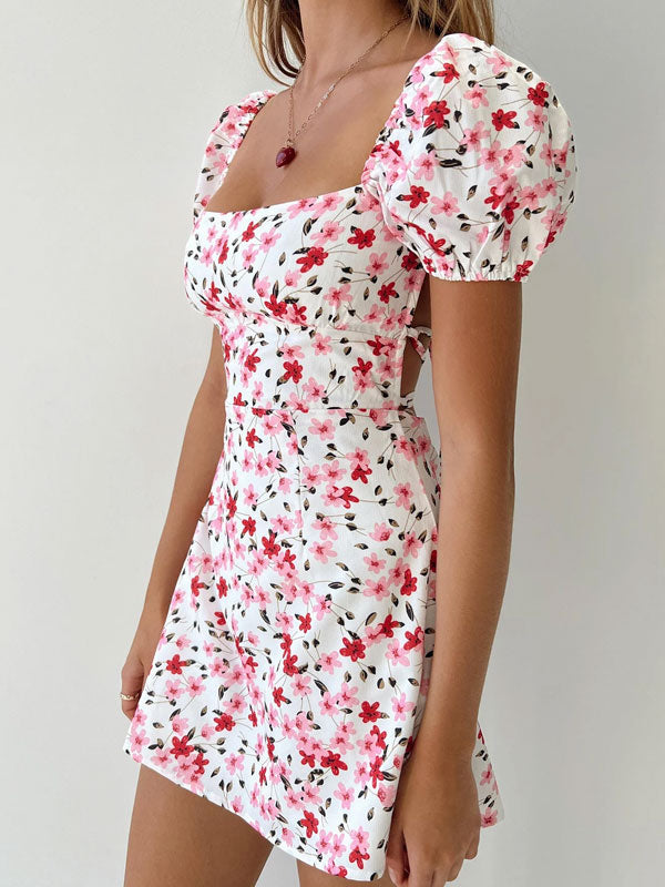 Puff sleeve printing dress