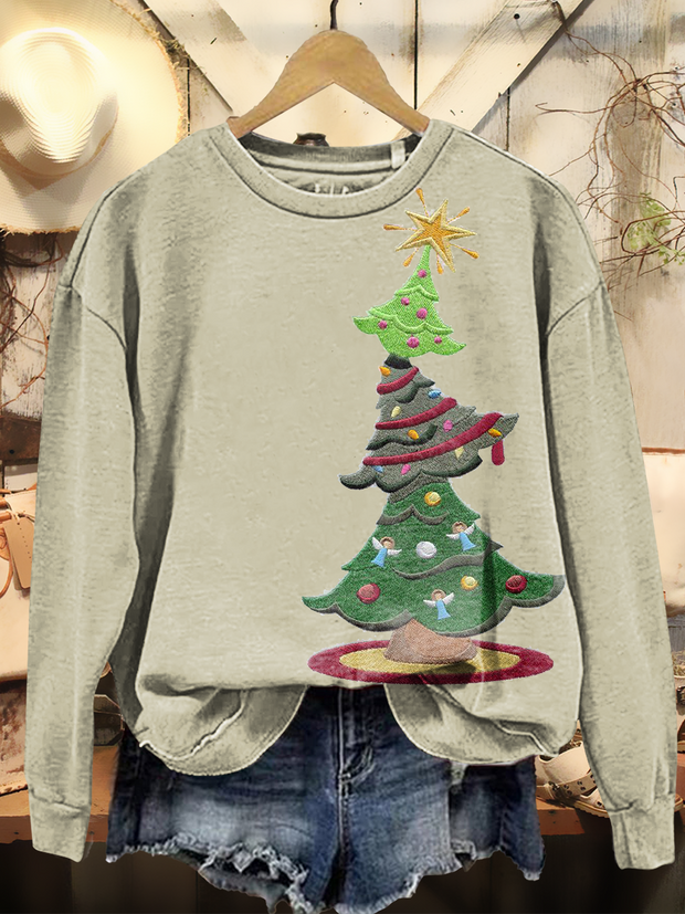 Women's Vintage Christmas Art Print Casual Long-Sleeve Crew Neck Sweatshirt