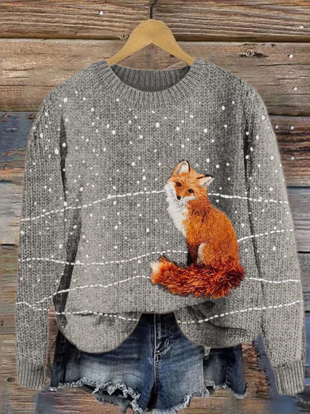 Fuzzy Fox in the Snow Embroidery Cozy Knit Sweater