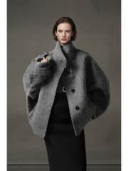 Alpaca Wool Biker Jacket for Women – Stand Collar Suoli Alpaca Coat with Luxe Textured Finish, Winter Chic Outerwear