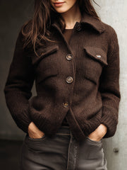 Brown Wool Blend Button-Up Knit Sweater Jacket With Front Pockets