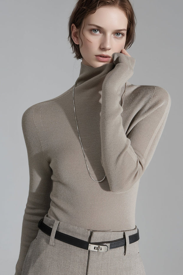 Merino Wool Minimalist Mock Neck Ribbed Knit Top – Cross-Strap Seamless Solid Color Sweater