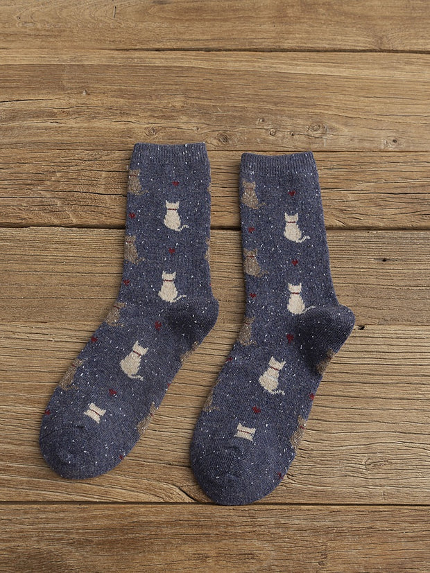 Lovely Cats & Heart Pattern Comfy Knit Socks