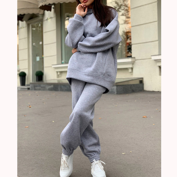 Fashion Casual Solid Color Two-piece Hooded  Suit