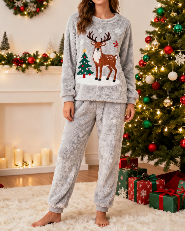 Women's Fuzzy Loungewear Set Christmas Elk Round Neck Long Sleeve Pants Set