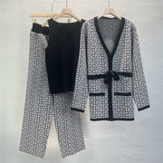 V-neck retro cardigan and trousers three-piece set