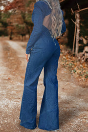 Beautiful Deep V Neck Long Sleeve Denim Jumpsuit