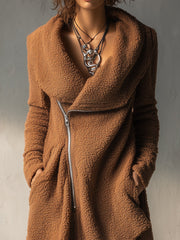 Polar Fleece Large Lapel Diagonal Placket High-low Hem Coat